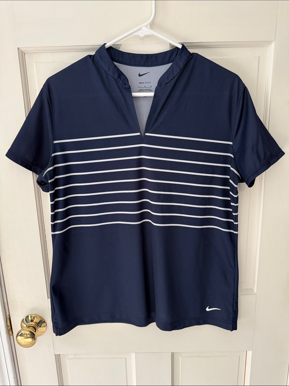 Nike Women's Navy and White Striped Short Sleeve Dri-Fit/Golf Shirt